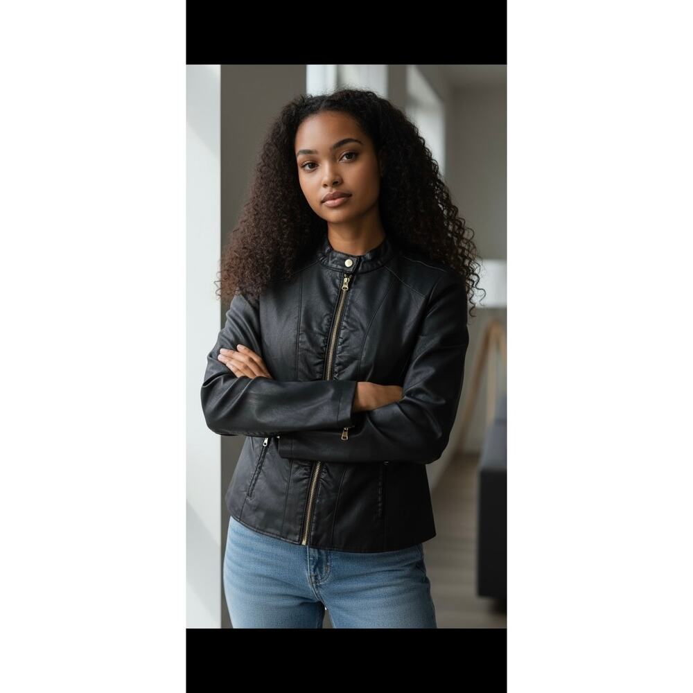 Baccini Faux Black Leather Jacket Size Large Zipper Biker NEW Lined Motorcycle
